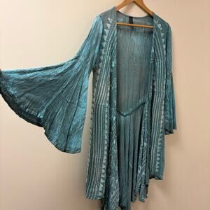 Sacred Threads Teal Turquoise Open Front Duster Boho Hippie Tie Dye Festival M